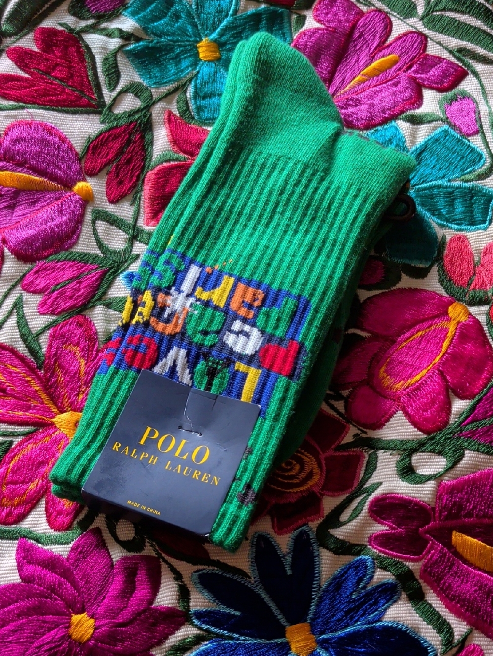 Ralph Lauren Green 'Love Peace' Graphic Crew Socks with Multicolor Accents - Picture 3 of 6